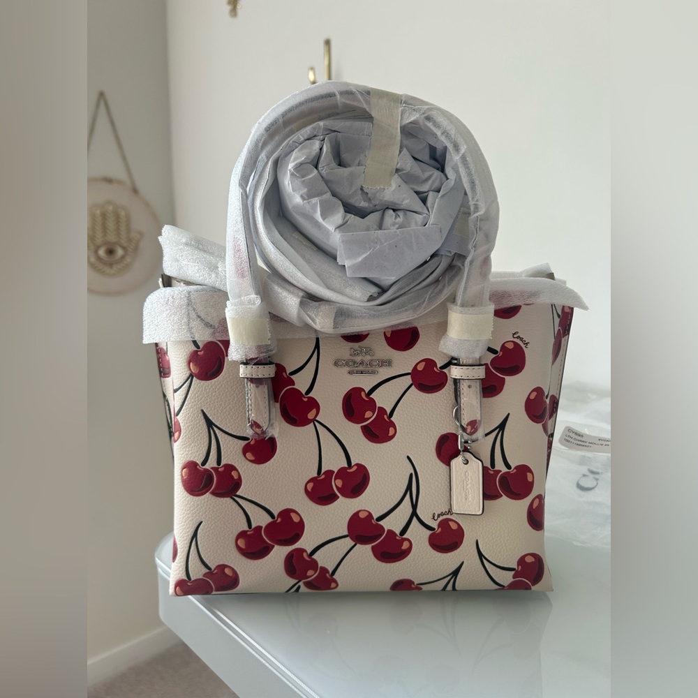 Viral Coach Cherry Mollie 25 Chalk Leather Tote Bag